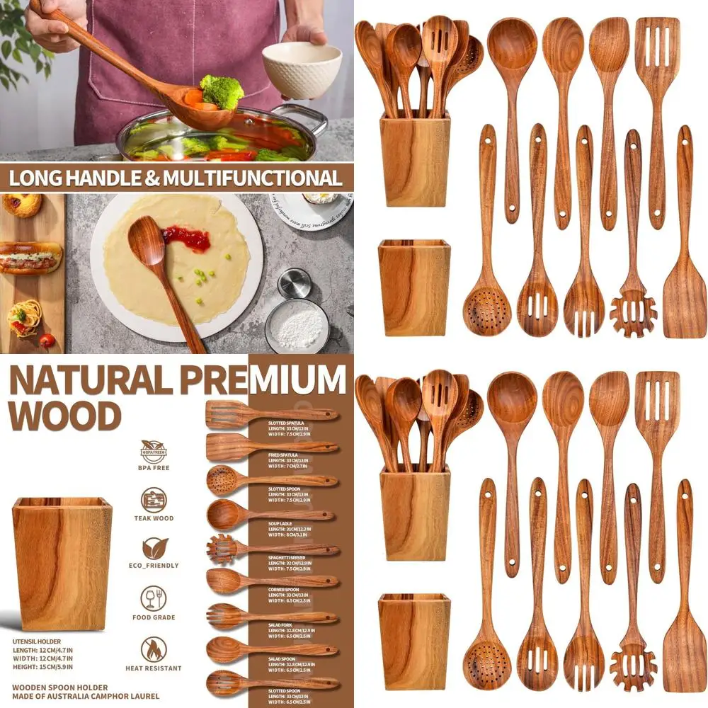 

Набор кухонных принадлежностей из натурального тикового дерева, 9 предметов, с держателем, длина 13 длин, изготовлен из австралийского камфора, лаврового дерева