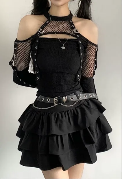 Punk Gauze Long Sleeves Sexy Girl Short Black Goth T-shirt Fashion High Waist A-line Versatile Personality Hollow Dark Skirt