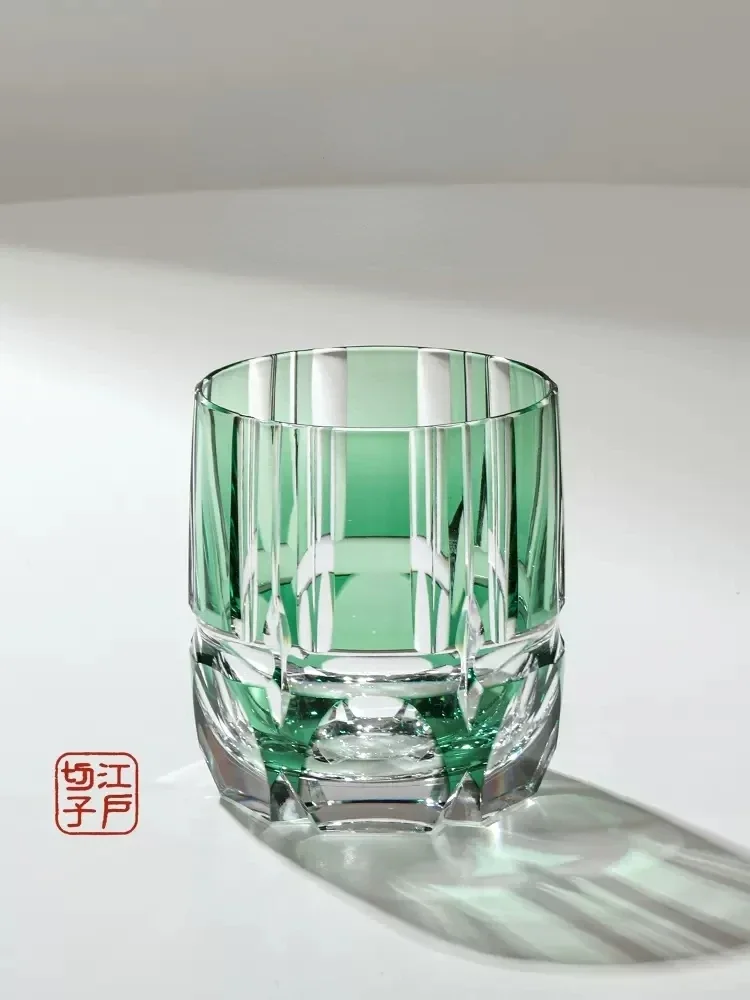 Edo Kiriko Crystal Rock Glass, Hand Carving, Green Bamboo Liquor Wine Tumbler, Top Grade Whiskey Cup, Japan Style, KAGAMI Design