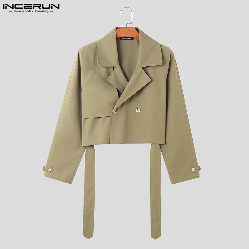 INCERUN Men Jackets Solid Color Lapel Long Sleeve Loose Male Crop Coats Streetwear 2023 Fashion Casual Jackets With Belt S-5XL