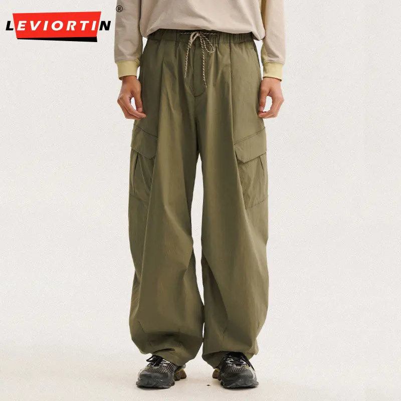 

Американская уличная мужская модная тенденция, брендовый дизайн, плиссированные десантники, спортивные повседневные свободные однотонные широкие брюки