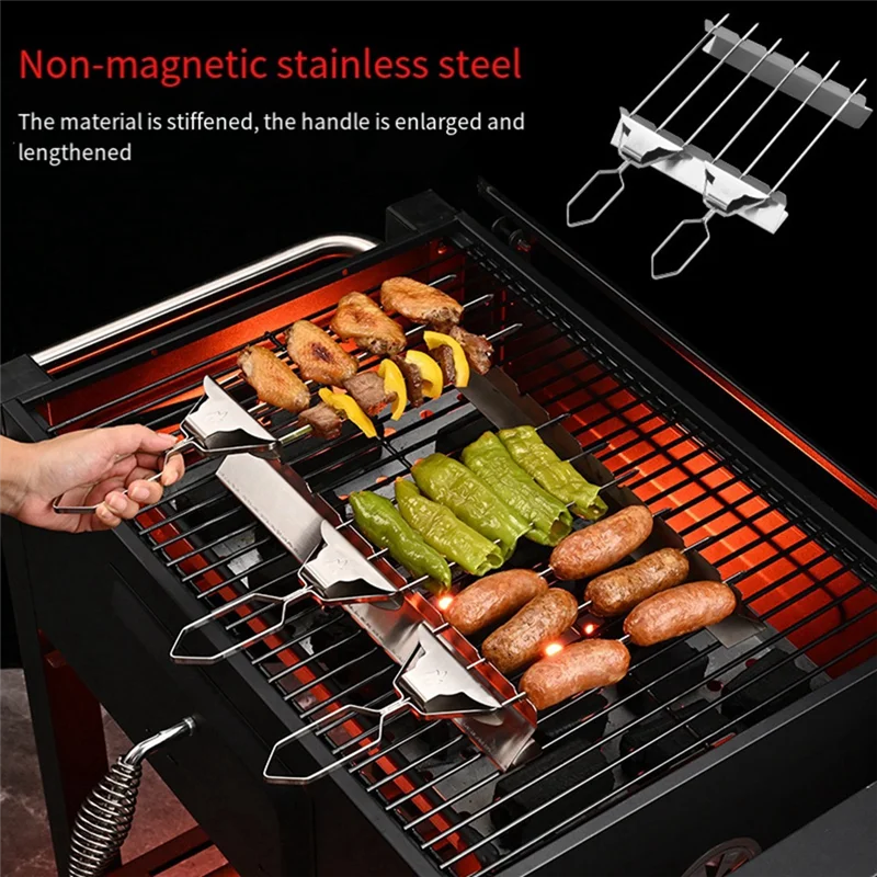 

A89Q-3 Way Grill Skewers Shrimp Skewers Set For Grilling Reusable Semi-Automatic BBQ Fork Kebab Stick Outdoor