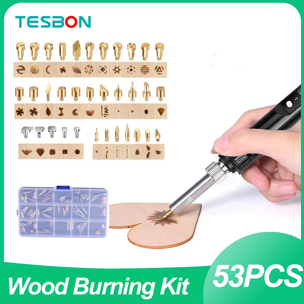 

53PCS Wood Burning Tips Set Durable Brass Stencil Carving Art Pen Pyrography Kit Marking Carving Tools for Soldering Iron