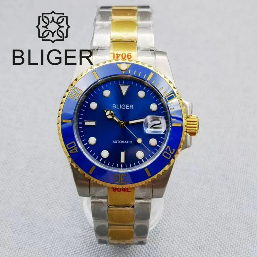 BLIGER 40mm Diver\'s Watch For Men Luxury Automatic Mechanical Wristwatches Sapphire Glass Luminous Two-tone Gold Stainless Steel