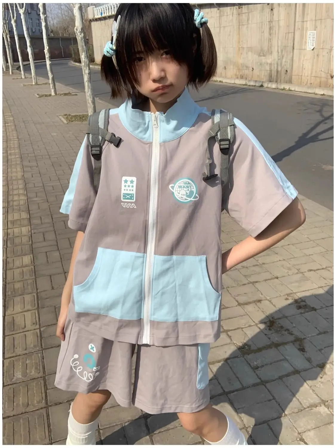Japanese Cute Core Casual Sports Set Loose Short Sleeve Zipper Cardigan + Shorts Contrast Color 2 Pcs Sets Women Y2k Suits