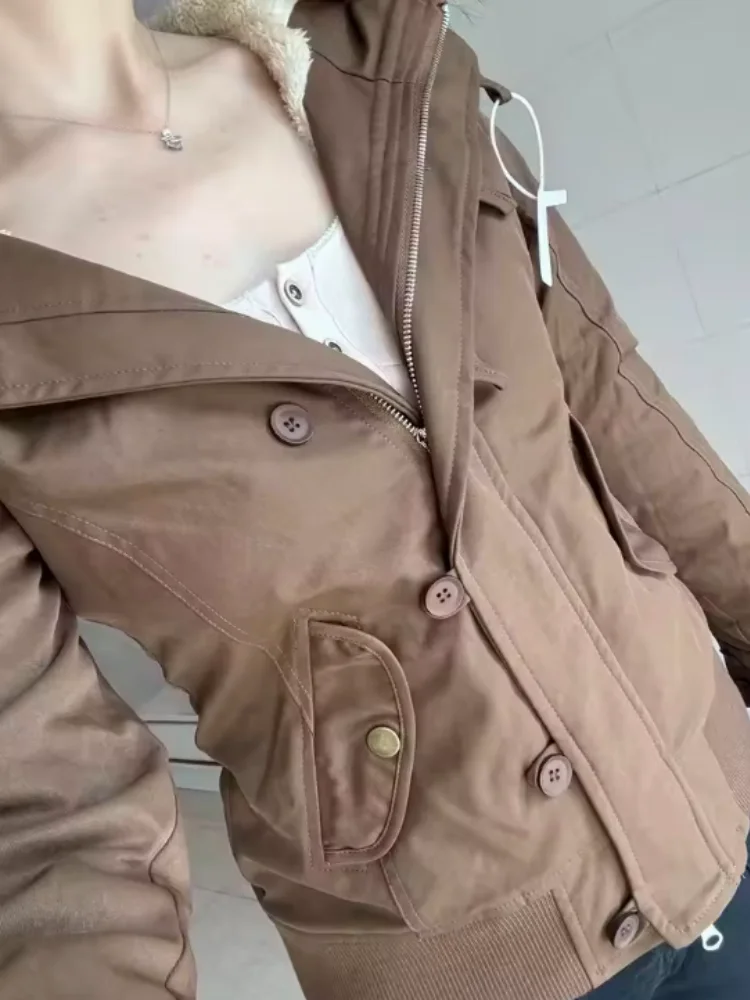 Women Winter Fleece Lined Parka Jacket Big Fur Hood Brown Slim Fit Short Coat Vintage Windproof Warm Casual Cargo Outerwear