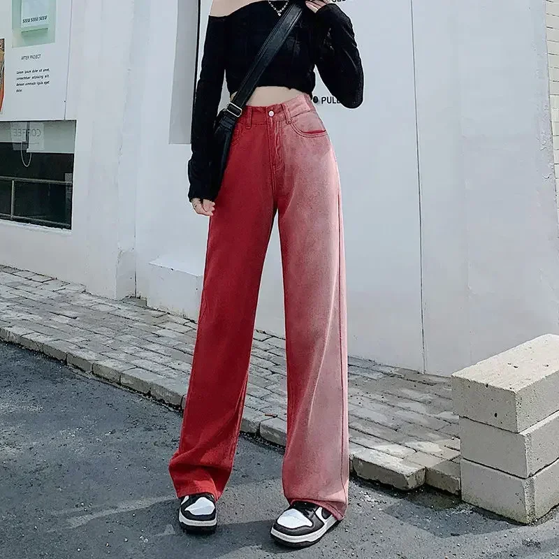 FJM-Pantalon en denim à jambes larges pour femme, jean rouge nickel é, vêtements droits, streetwear d'été, cool, vibrant, cowboy R