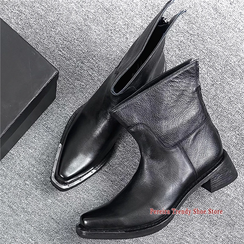 Retro Black Leather Knight Boots for Men Women Metal Design Pointed Toe Back Zipper Chelsea Boots Autumn Winter New Casual Shoes