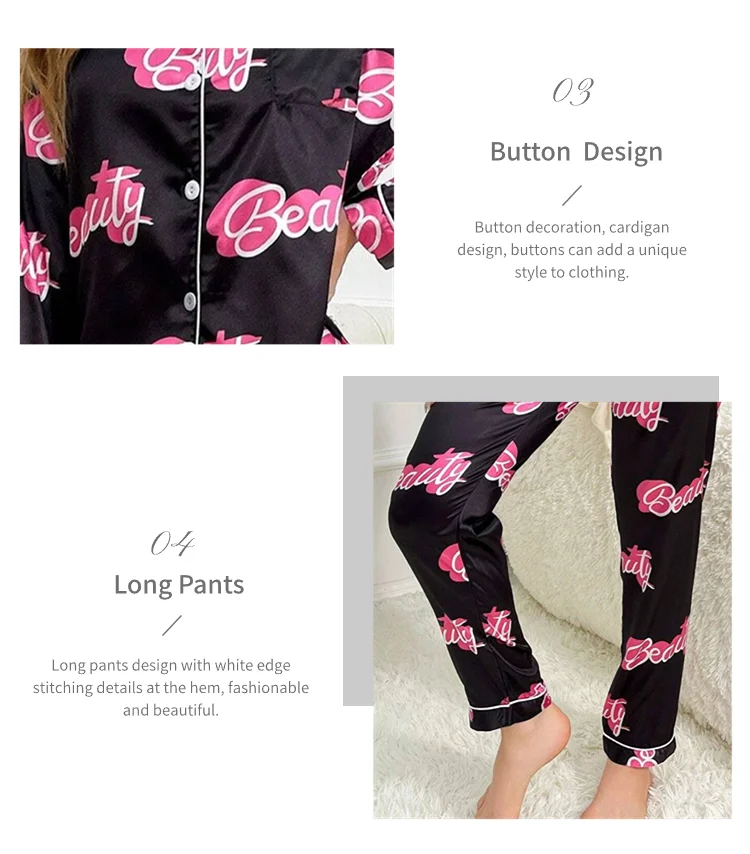 Niedlicher Pyjama mit Katzenmuster für Damen, Satin, langärmelig, Reverskragen, Oberteile und Hosen, Pyjama-Loungewear für Herbst, Damen-Nachtwäsche, Pyjama-Sets – Detail 13