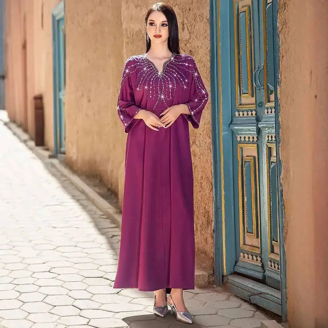 

New Ba5149 Berry Purple Heavy Industry Hand-sewn Diamond Dress Arabian Robe Women's Wear Ramadan Dubai Luxury Islam Elegant