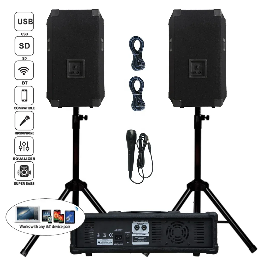 Professional audio 1200W 2X15"Subwoofer PA speaker system BT TWS karaoke sets 4  channel powered mixer Sound box bocina parlant