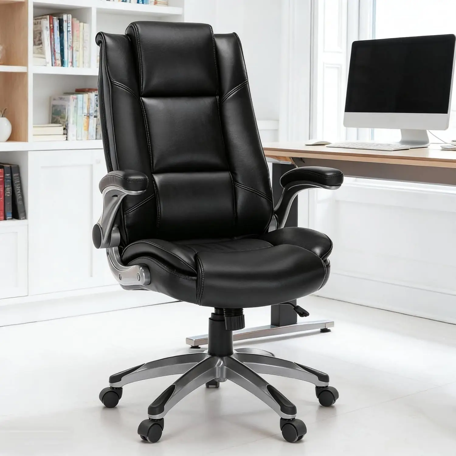 Leather Executive Office Chair - High Back Home Computer Desk Chair with Padded Flip-up Arms, Adjustable Tilt Lock, Swivel Rolli