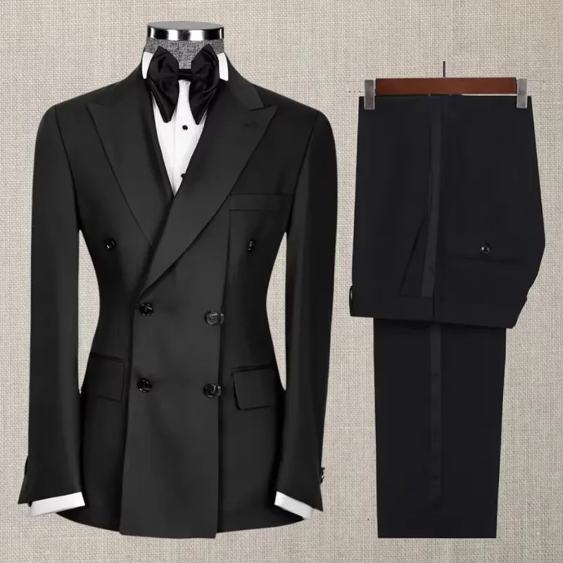 Double Breasted Wedding Tuxedo Slim Fit Split Formal Suits for Men Male Fashion Set 2 Pieces Custom Made Jacket+Black Pants