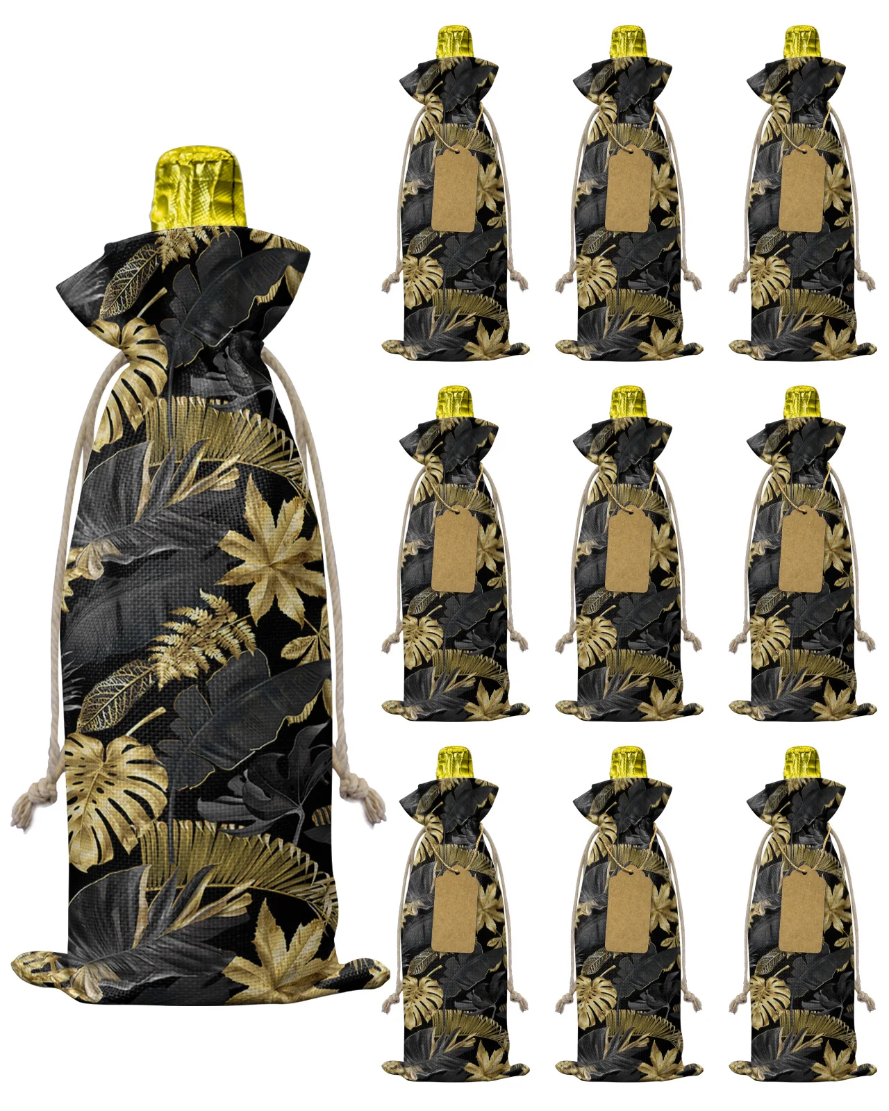 10pcs Golden Leaves Black Background Wine Bottle Bag with Drawstring Festive Party Decor Wine Bottle Covers Xmas Gift