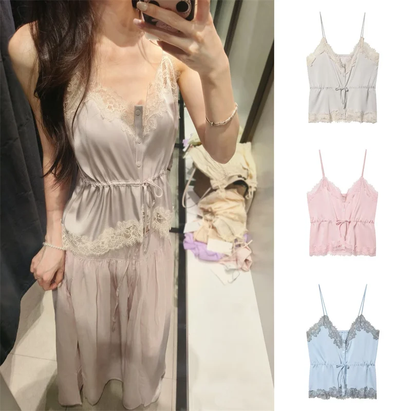 Guobioziy Women's Fashion 2026 Spring/Summer New Stylish Sexy Lace Off-Shoulder Decorative Satin Feel Camisole Crop Top