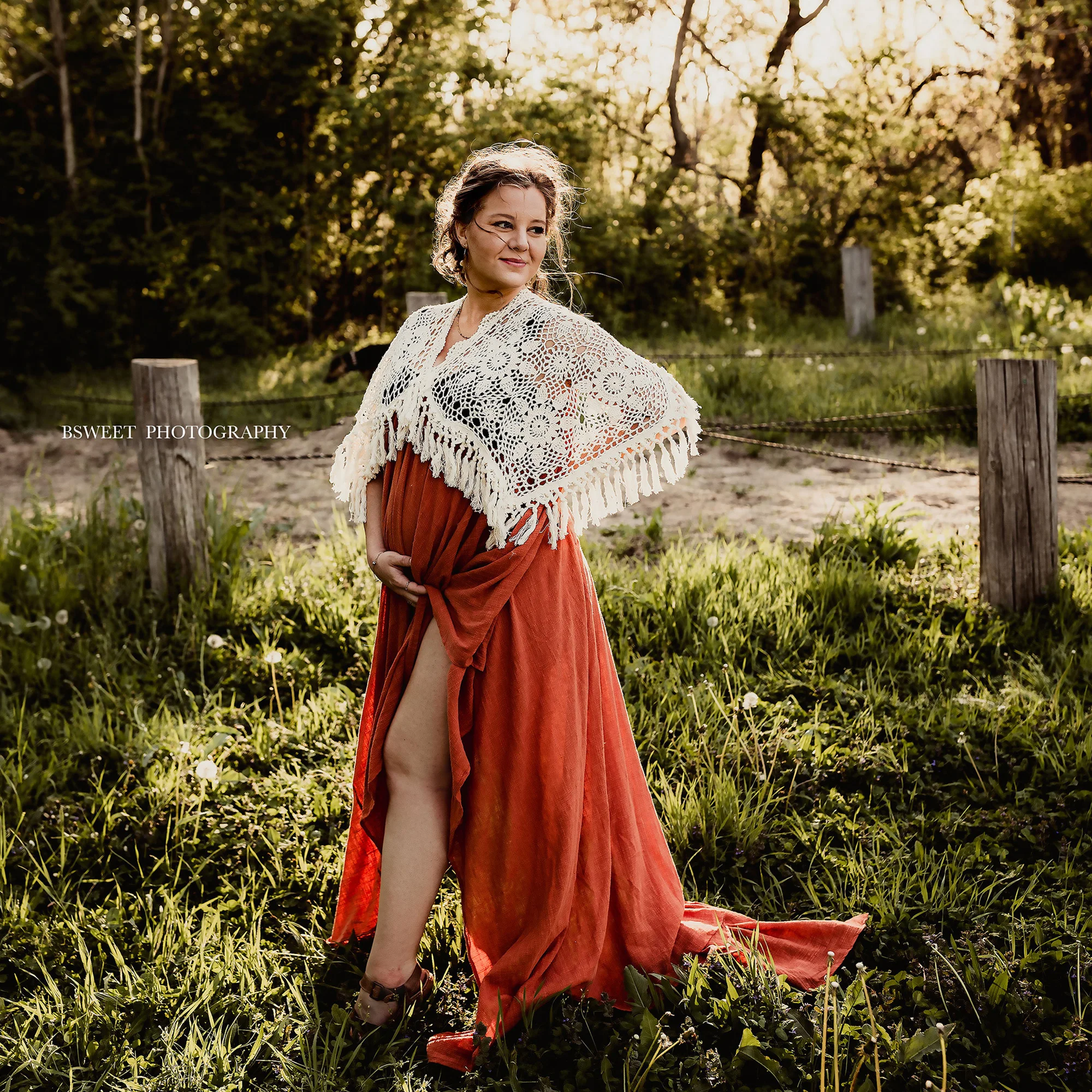 Don&Judy Linen Gown with Crochet Cape Flowy Floor Length Dress with Tassel Trim Maternity Non-Maternity Prop Photography