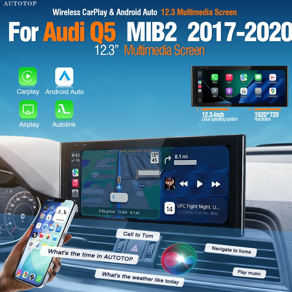 AUTOTOP Lecteur multimédia de voiture 12,3 pouces, mise à niveau pour Audi Q5 FY 2017-2020, système MIB2, CarPlay sans fil, Android Auto, autoradio, navigation GPS, écran tactile, unité centrale, BT, WiFi, Auto Link