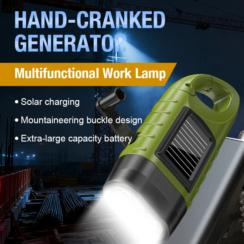 

Multi functional flashlight with buckle design, outdoor emergency light, solar powered hand cranked charging ABS work light