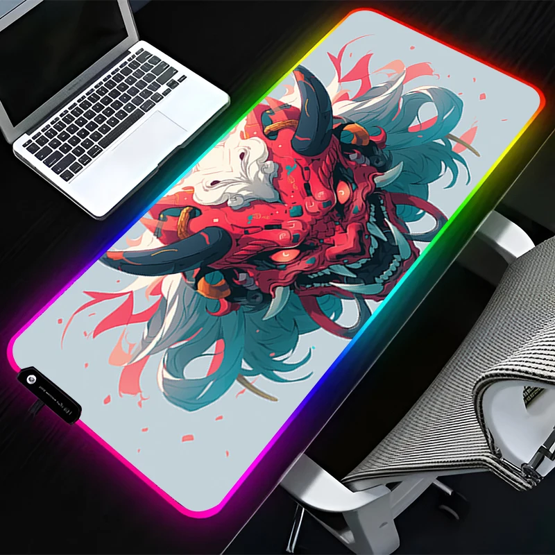RGB LED Mouse Pad Computer Desk Accessories Mouse Mat Rubber HD Keyboard Pad Non Slip Mousepad Oni Hannya Samurai Mask Desk Mat