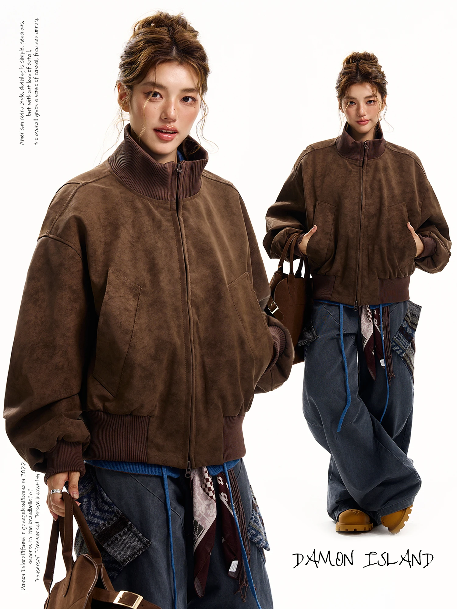 เสื้อโค้ทหนัง PU สีน้ำเงินฟอกทรงหลวม สไตล์ลำลองสำหรับผู้หญิง แบรนด์อเมริกันสุดเทรนดี้ รุ่น Kola พร้อมซิปยาว