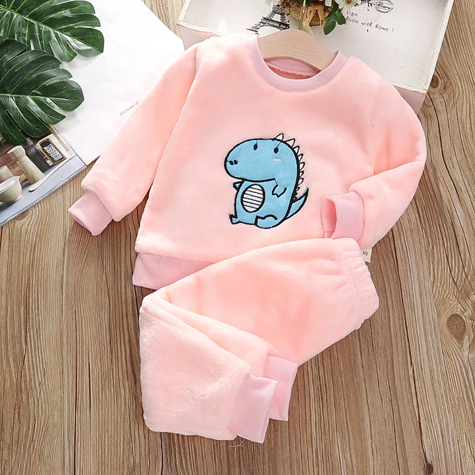 Baby Boy Warm Dinosuar Clothing Set Winter Cartoon Pajamas Outfit for Girls Pleuche Sweater Pants 2pcs Kids Suit 1-6Y