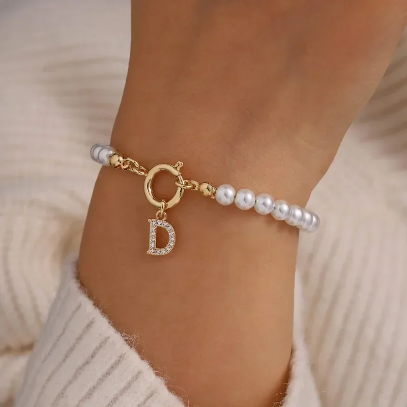 Minar Delicate 14K Real Gold Silver Plated Copper CZ Zircon 26 Letter Simulated Pearl Beaded Chain Charm Bracelets for Women