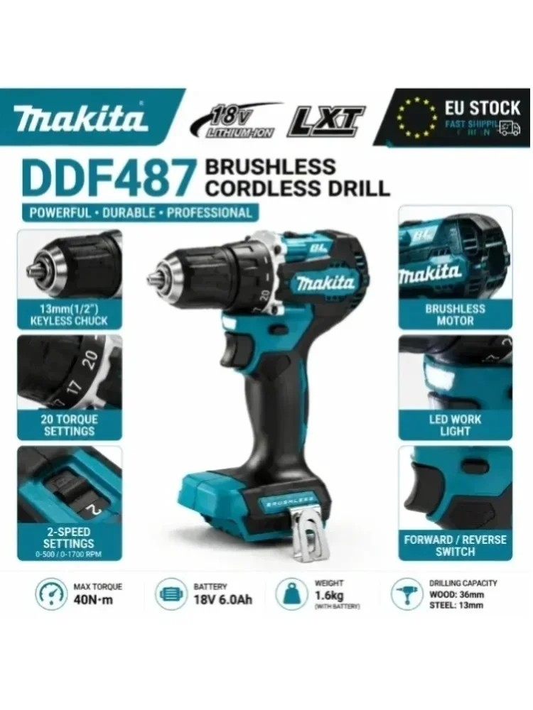 Für Makita DDF487 18V LXT bürstenloser Akku-Bohrschrauber, kompaktes, leichtes Hochdrehmoment-Elektrowerkzeug mit 20 Drehmomenteinstellungen, LED-Licht und 2-Gang-Getriebe.