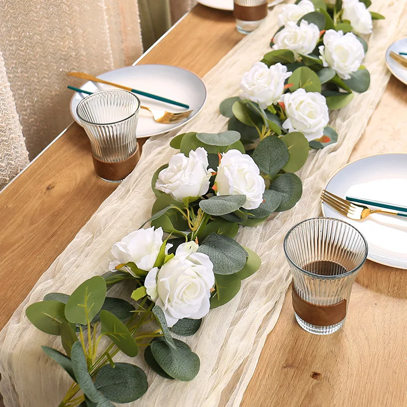 175cm Artificial Rose Flower Head Vine White Silk Fake Flower Eucalyptus Garland for Wedding Party Home Table Wall Hanging Decor