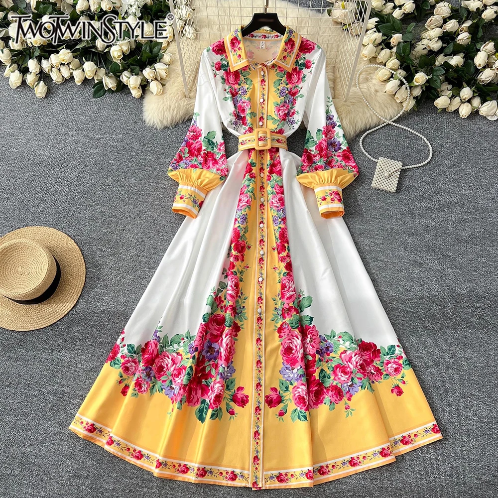 

TWOTWINSTYLE Hit Color Slimming Printing Dresses For Women Lapel Long Sleeve High Waist Designer Dress Female Fashion KDR539882