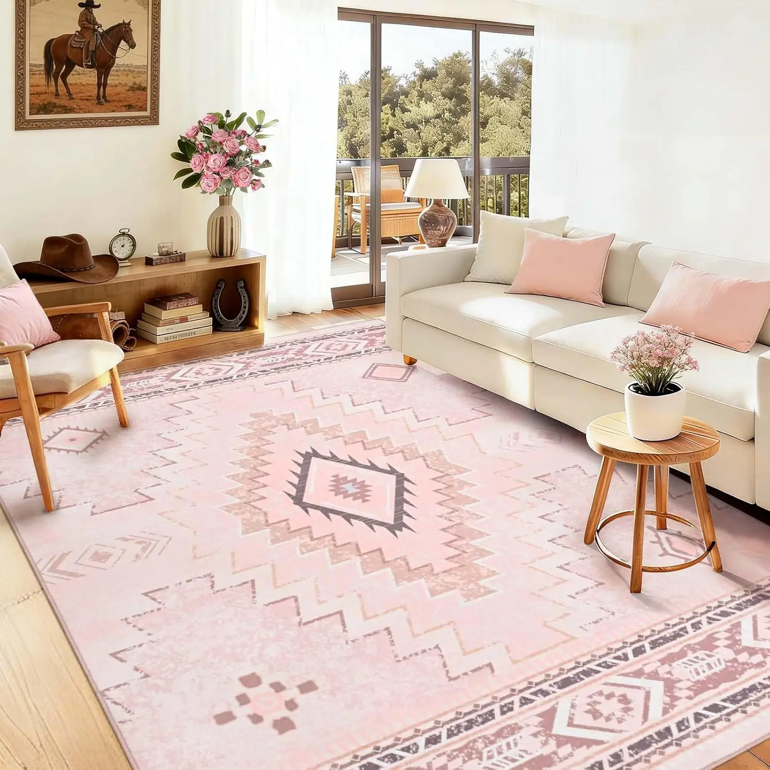 Pink Moroccan Aztec Rug, Non-Slip Area Carpet for Bedroom Living Room Dining Table, Western Style Floor Decor