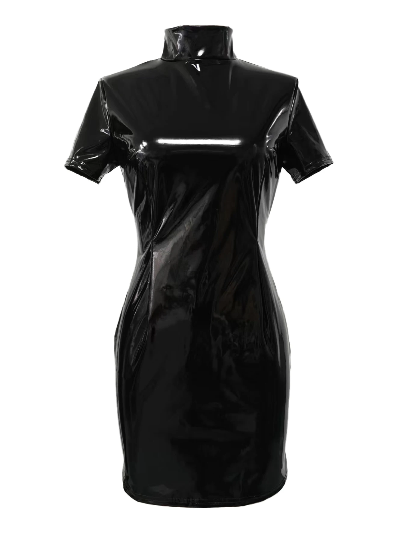 Glänzende, elastische Kunstleder-Minikleider mit kurzen Ärmeln und hohem Kragen für Damen, elegante PU-Kurzkleider, neues Partykleid – Detail 5