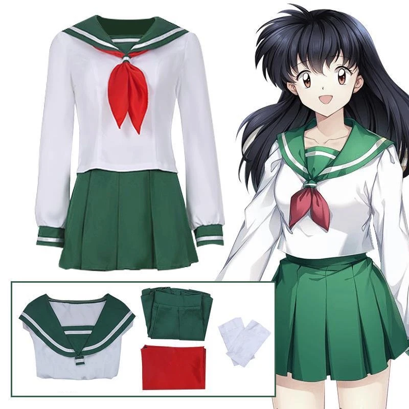 Anime Inuyasha Higurashi Kagome Cosplay Costume JK Uniform Women Kikyo Kimono Sailor Shirt Green Skirt Girls Anime Party Costume