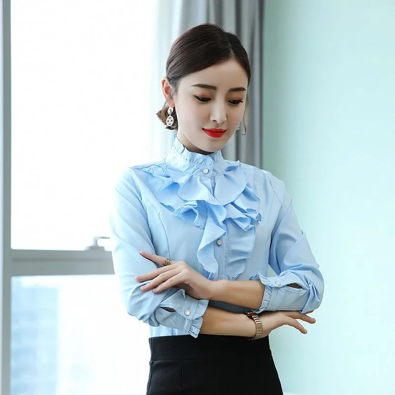 5XL Femininas Ruffle Stand Collar Spring Blouse Shirts Women Tops Flounce Frill Busines Vintage Shirt Women Elegant Camisa Shirt