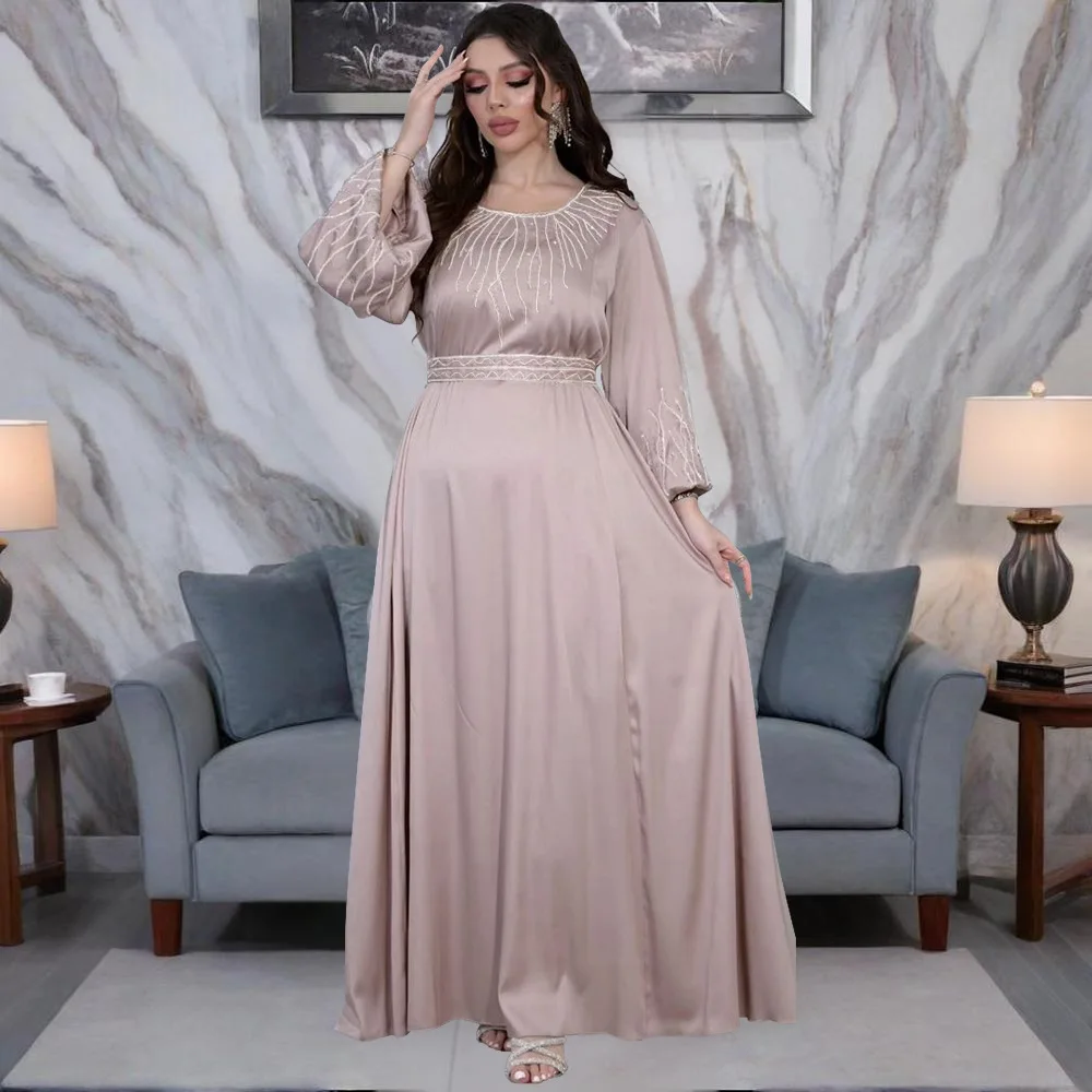 Xqy500391 Vestido Largo Elegante para Mujer con Cinturón, Vestido de Noche, Falda Larga Abaya Ramadán Dubái Lujo Islam