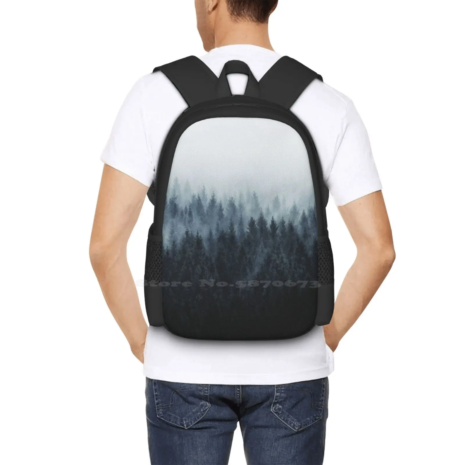 High And Low Pattern Design Bag Student'S Backpack Landscape Moody Mountain Adventure Mist Wanderlust Outdoors Nature Tree