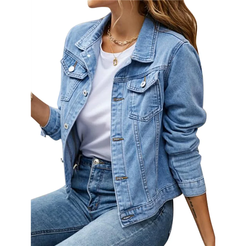 BHBD-Jean Jackets For Women Basic Long Sleeve Button Down Denim Jacket Cropped Fashion Jean Jacket