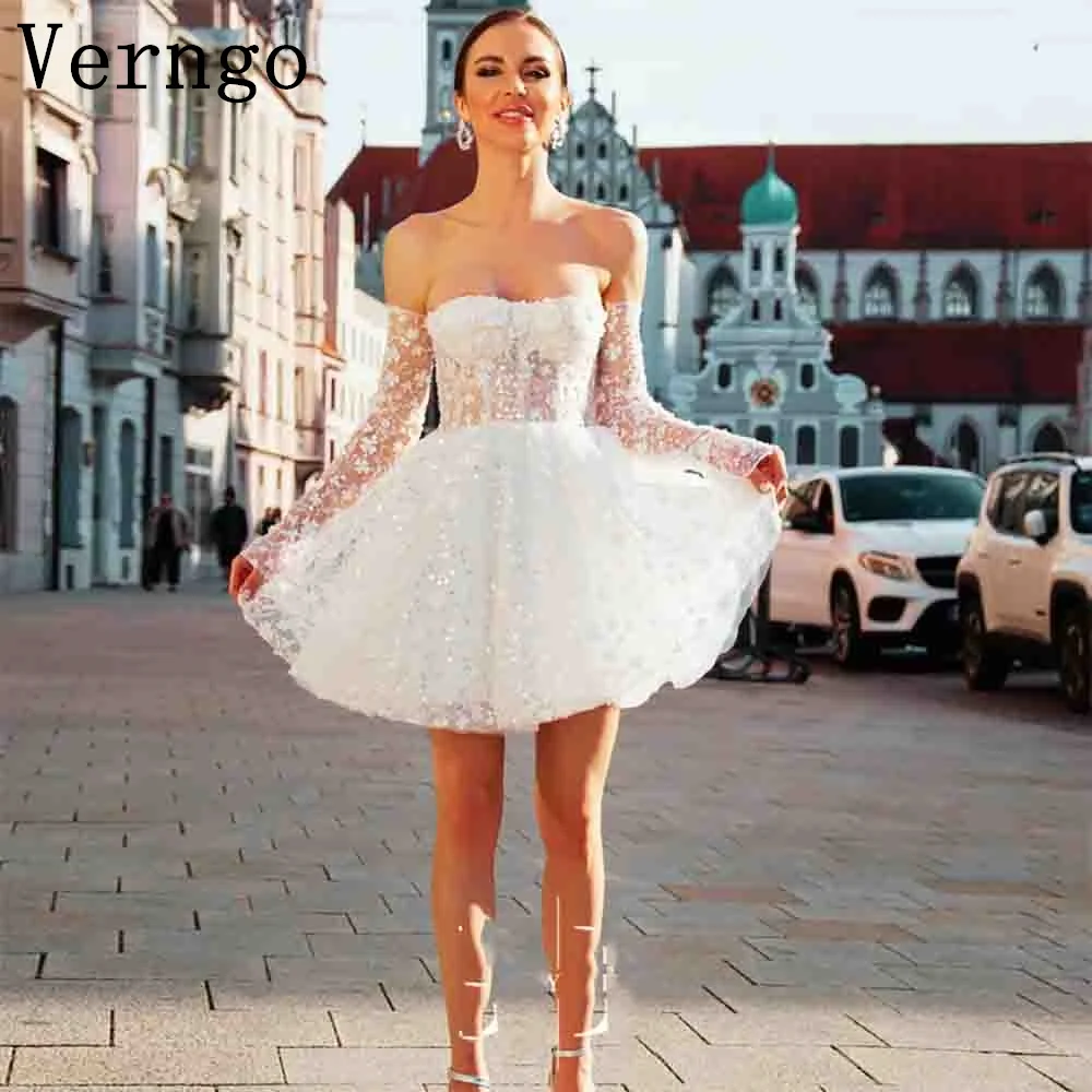 

Verngo Appliques Mini Wedding Dress Women Sparkly Strapless A Line Backless Short Bride Dress 3D Floral Lace Wedding Prom Gowns