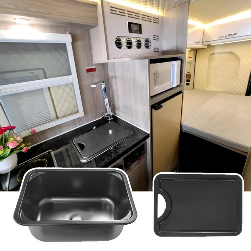 RV Kitchen Black Sink Hidden Sink With Chopping Board Cutting Cover Caravan Square Trumpet Sink