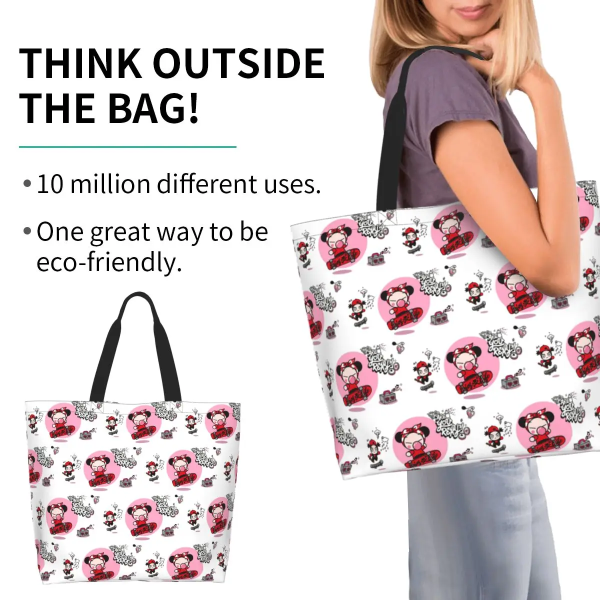 Cartoon Pucca Shopping Tote Bag Canvas Large Capacity Shoulder Bags Shopper Grocery Handbag for Women