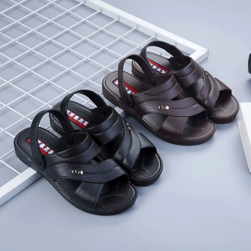 

All Match Solid Thick Soled Slippers Anti Odor PU Leather Slides Sandals Men Anti Slip Shoes Ankle Buckles Sandals Home