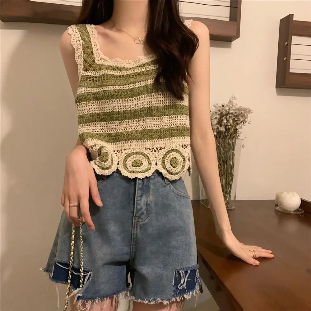 جديد ريترو المحاصيل الأعلى التطريز نمط محبوك تانك الأعلى أنيقة الصيف سترة دون أكمام المرأة #3