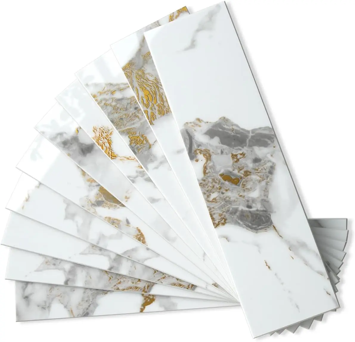 

40-Piece Polished White Marble Gold Peel and Stick Backsplash Tiles, 3x12 PVC Faux Stone for Kitchen Bathroom Laundry Room