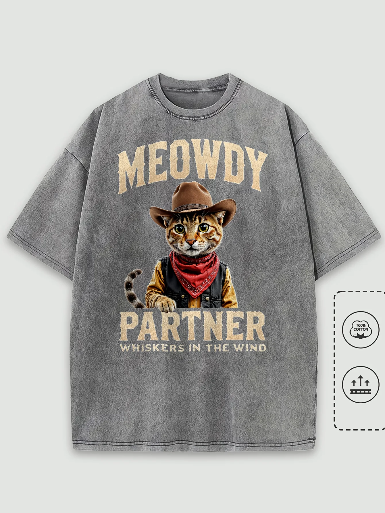 

Мужская футболка с рисунком ковбойского кота «Meowdy Partner» — 100% хлопок, с коротким рукавом, свободный крой, эластичная трикотажная ткань, повседневная уличная одежда