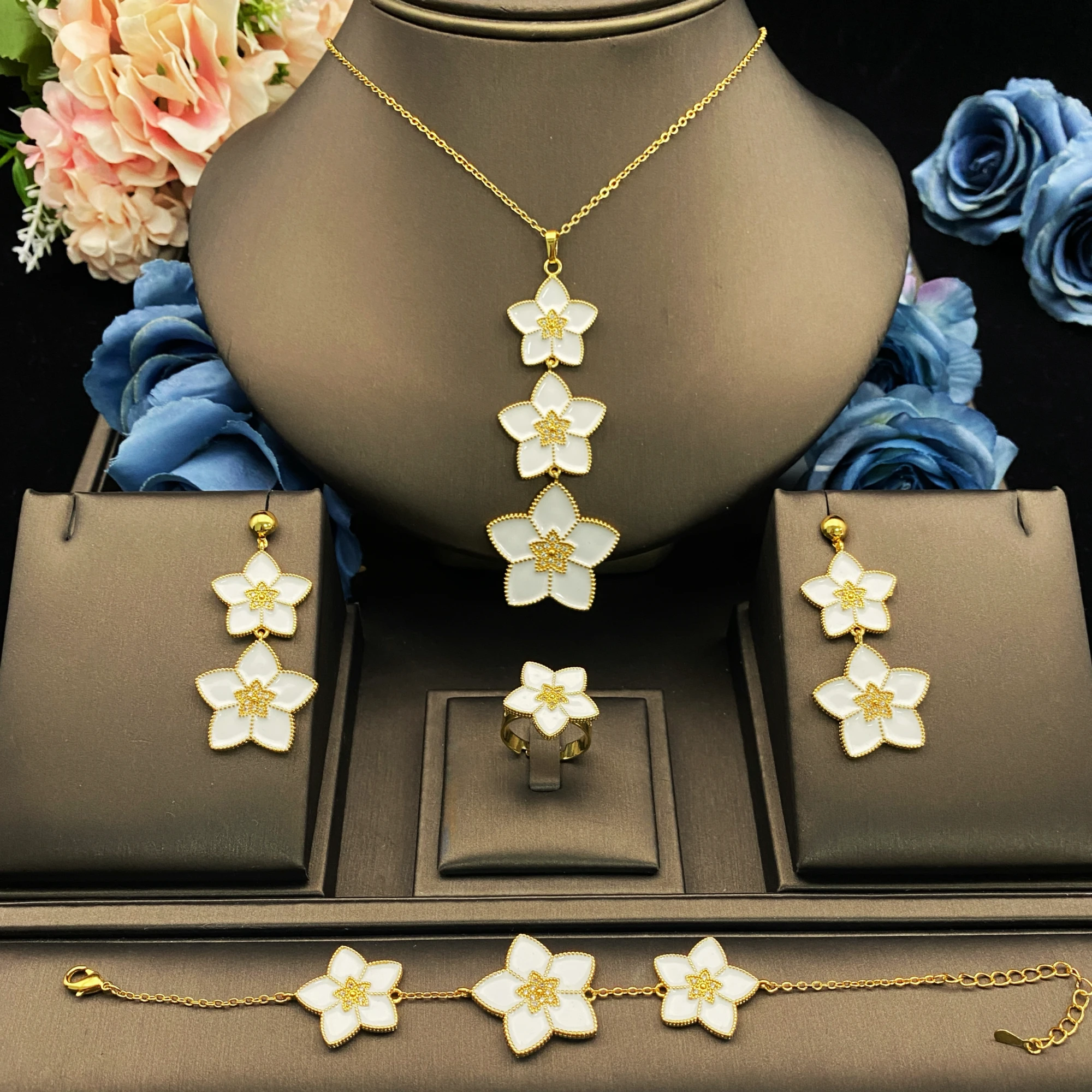 JRH Vintage Floral Jewelry Set 4Piece Gold Plated Drip Oil Hand Chain Ring Necklace Earrings Women Luxe Style Commute Accessorie