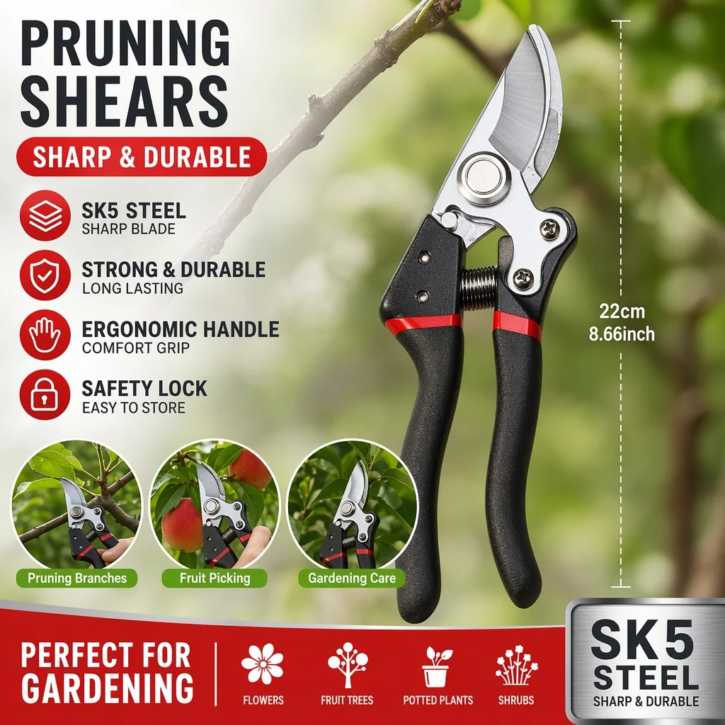 SK5 Steel Bypass Pruning Shears, Garden Scissors with Safety