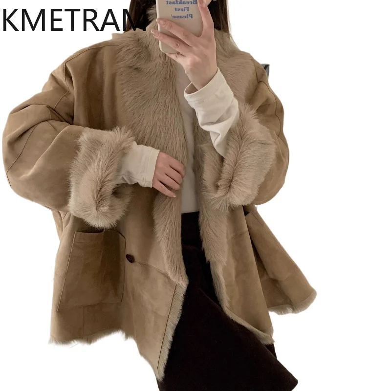 KMETRAM Natuurlijke geitenleer met wollen bevestigde jas Dames Luxe losse echt bontjassen 2025, nieuw in jassen Wintervrouwkleding
