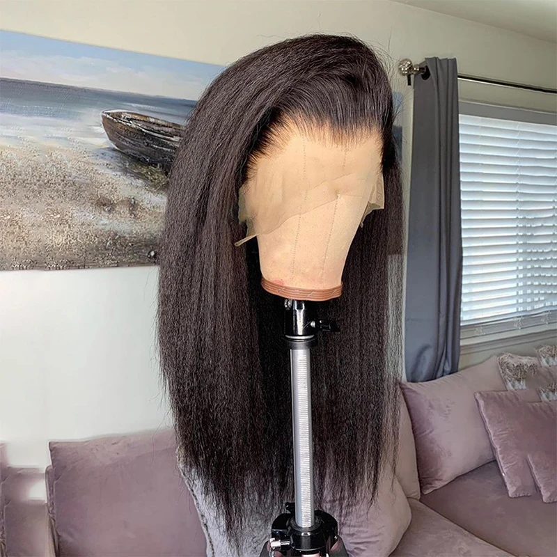 Perruque Lace Front Wig Yaki Synthétique Sans Colle, Cheveux Crépus Lisses, Pré-épilés et Longs, Doux et Noirs, 26 Pouces, avec Baby Hair, pour Femme, 03/3