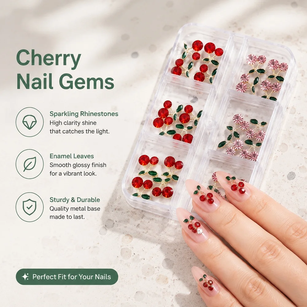 24Pcs Multi Color Cherry Nail Charms Grid Box Red Pink Rhinestone Cherry Enamel Leaf Alloy Studs DIY Handcraft Nail Supplies