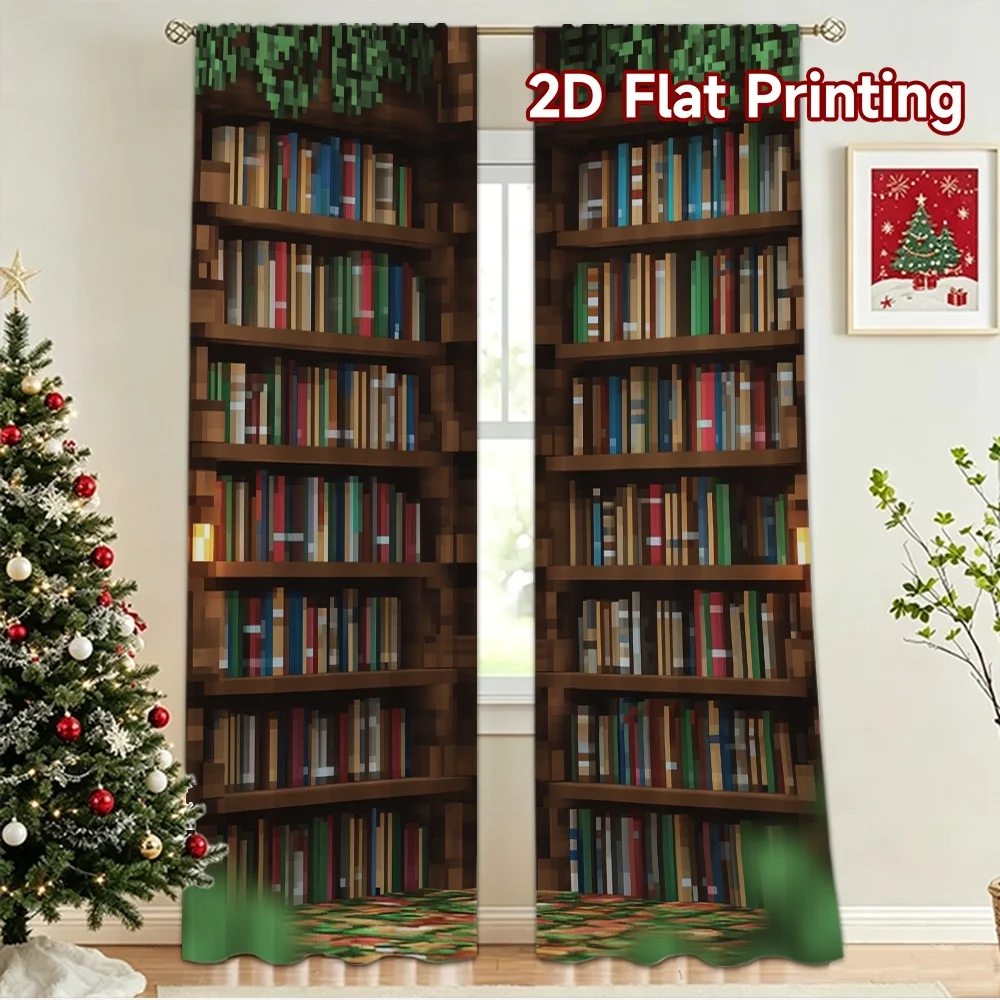 2D flat 2pcs Curtain Country Style Pixel Bookshelf Corner Digitally printed polyester Festive Curtains Perfect for Indoor
