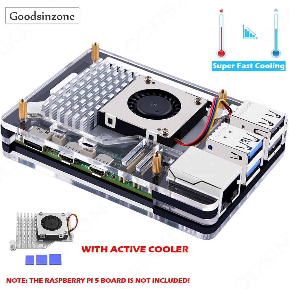 Raspberry Pi 5 5-Layers Case with Active Cooler Kit, Active Cooing Fan, Protective Case Shell Box Set for Raspberry Pi5